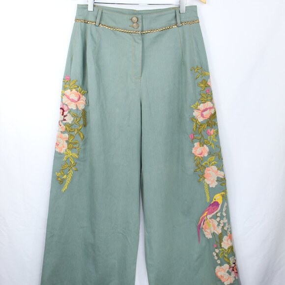 ARATTA SILENT JOURNEY GREEN WOMEN'S DENIM PANTS EMBROIDERED STUDDED FLORAL BOHO - Picture 1 of 10